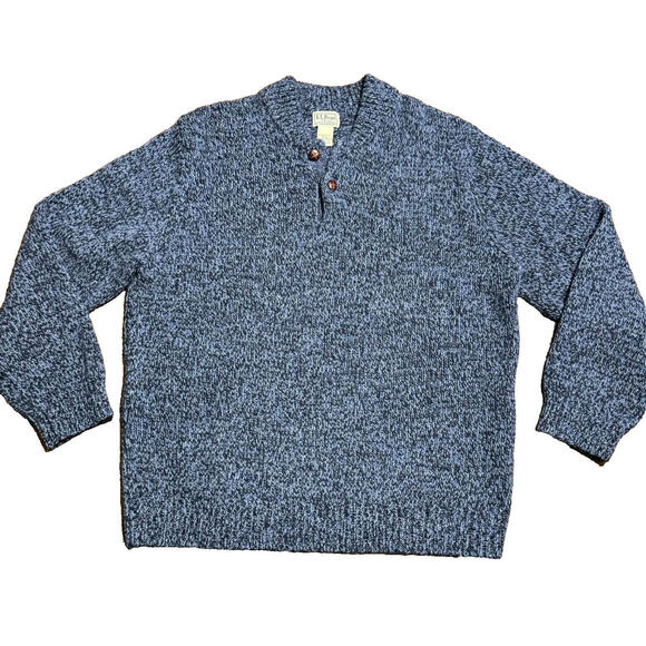 Vintage LL Bean Sweater Men's XL Marled 100% Lamb's Wool Henley Pullover Blue